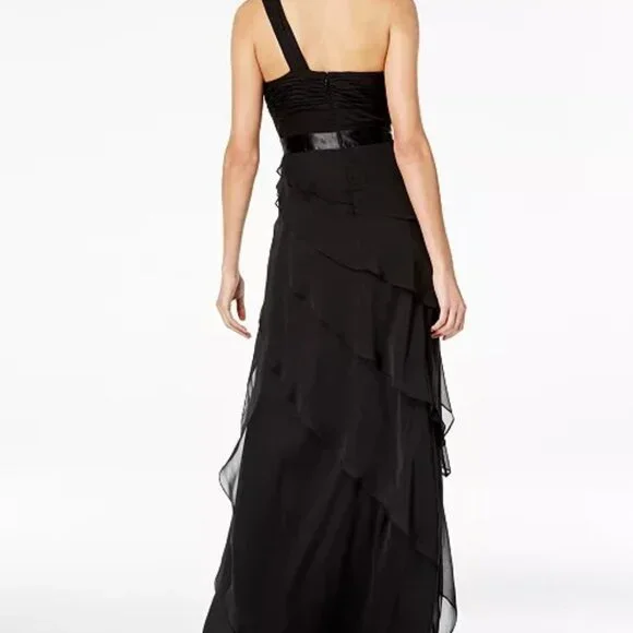 Adrianna Papell One Shoulder Black Chiffon Gown Size 6 - Picture 2 of 7